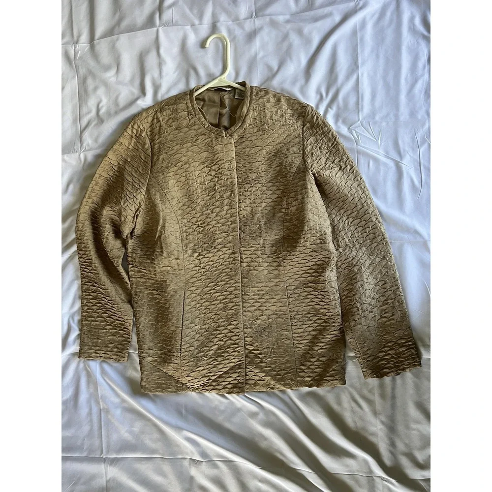 Laura Ashley Jacket Womens Medium Tan Quilted Silk Blend Textured‎ Dressy Blazer